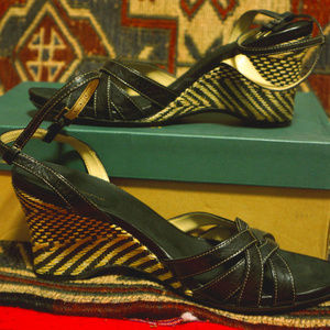 Genuine leather 9M woven fibre wedge strappy heels